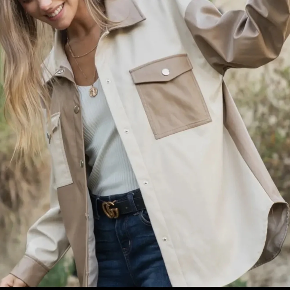 NWT AndTheWhy Women's Colorblock Faux Leather Oversized Shacket Small